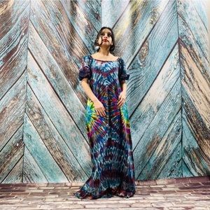Hand Tie Dye Cotton Celeste Festival Maxi Dress